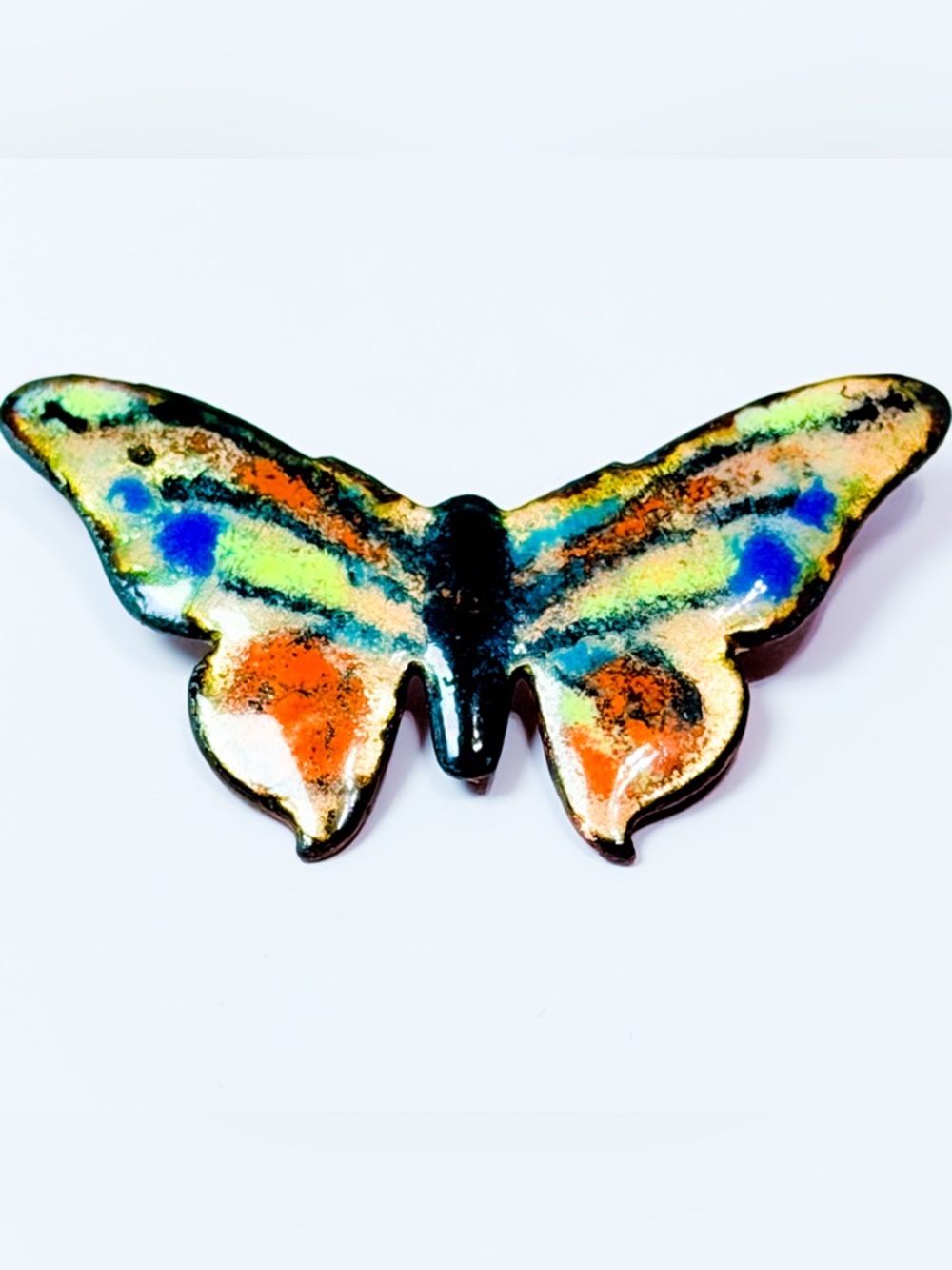 Vintage Enamel Copper Butterfly Brooch Mid Century Modern Abstract Pin OOAK ART